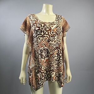 ONE WORLD Brown and Tan Cap Sleeve Boxy Tunic R15
